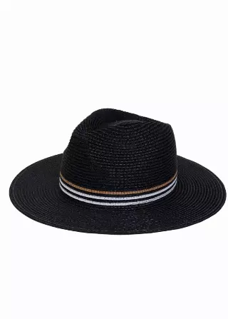 Max Studio Striped Crown Straw Panama Hat — BLACK