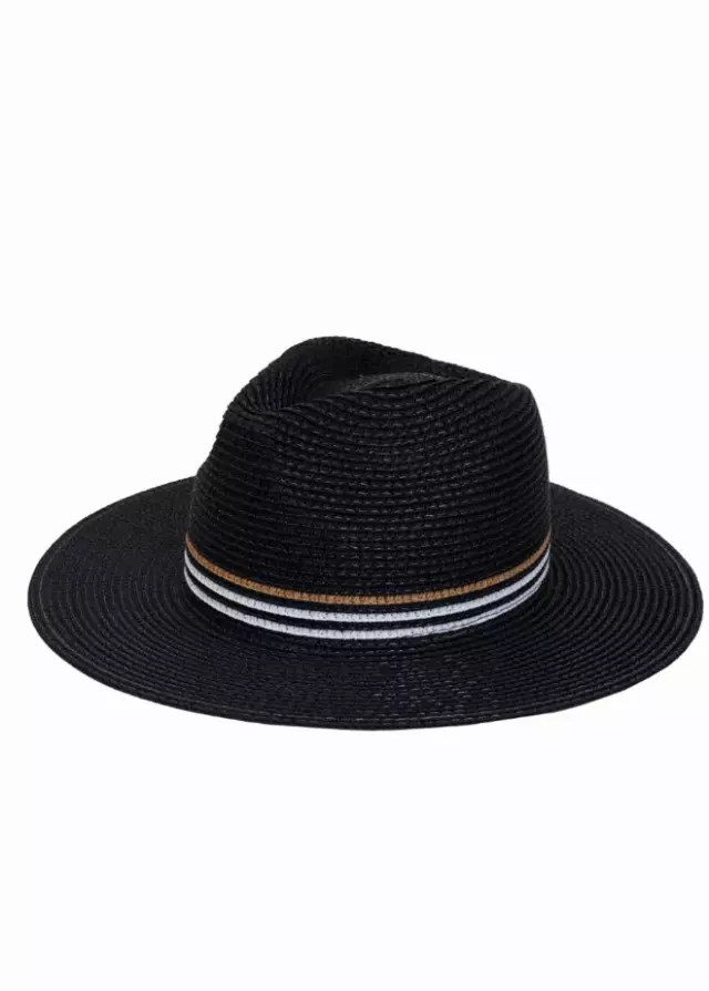 Max Studio Striped Crown Straw Panama Hat — BLACK