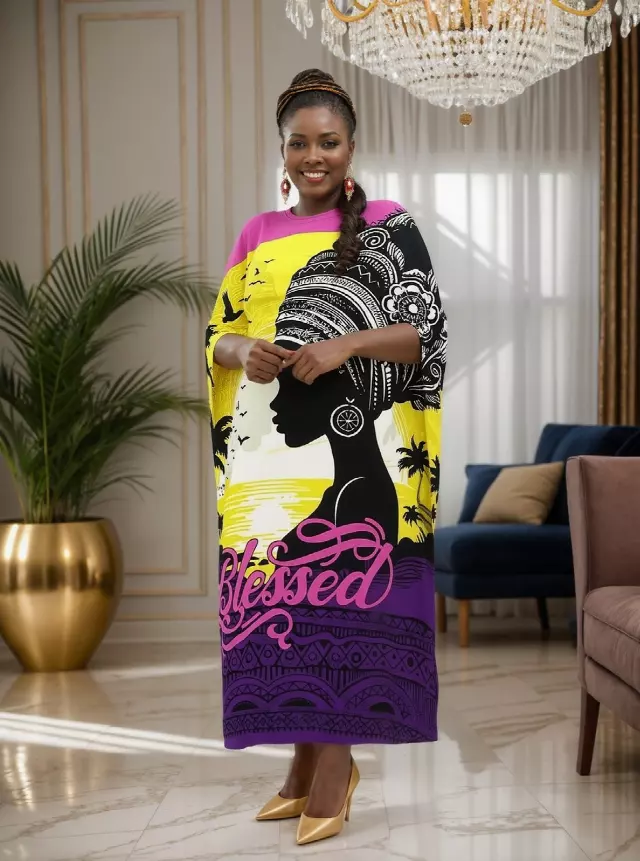 PNA-1631 - Women's Comfy Kaftan Dress with Headwrap- One Size (6-PCS PRE-PACK) - $7 Each — One Size (4-24) / Print-1631C