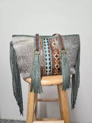 Ref 712 F — Grey hide tote with green leather fringe
