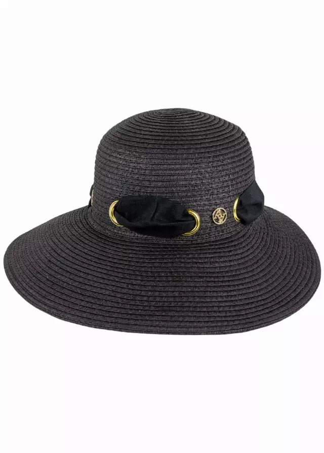 Adrienne Vittadini Straw Grommet Ribbon Floppy Hat — BLACK