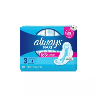 Always Maxi Daytime Pads with Wings, Size 3 Extra Long, Unscented, 26 CT – Case Pack of 6