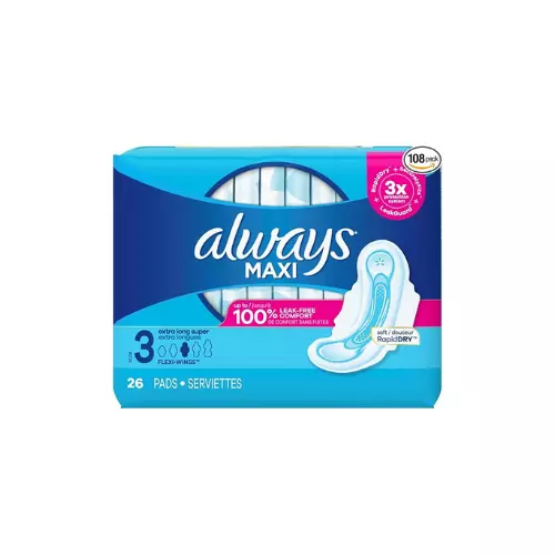 Always Maxi Daytime Pads with Wings, Size 3 Extra Long, Unscented, 26 CT – Case Pack of 6