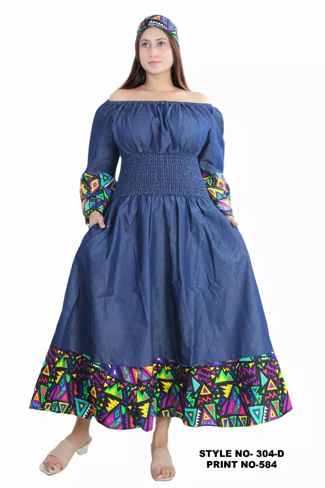 304AD - ON SALE!! Off-shoulder Denim Print Smocked Waist Dress - $15.00 Each — Free Size / Print-584