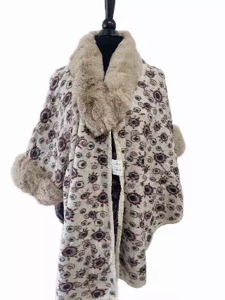 TX510 Faux Fur Floral Pattern Cape — Beige