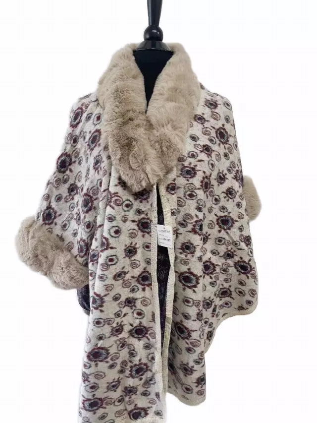TX510 Faux Fur Floral Pattern Cape — Beige