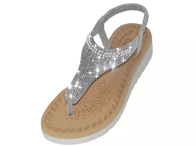 W9809L - Women's "Easy USA" Rhinestone Upper Sandals — Silver (W9809L-S) / 6-11 Assorted