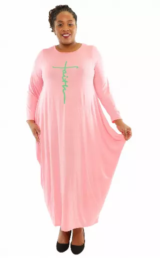 CHH-20022- Full Sleeve Women's Maxi Balloon Dress With Faith Cross - One Size (6-PCS PRE-PACK- 6 Assorted Colors) ($20.00 Each) — 6-Pcs PRE-PACK / AKA - 3 pcs pink and 3 pc green