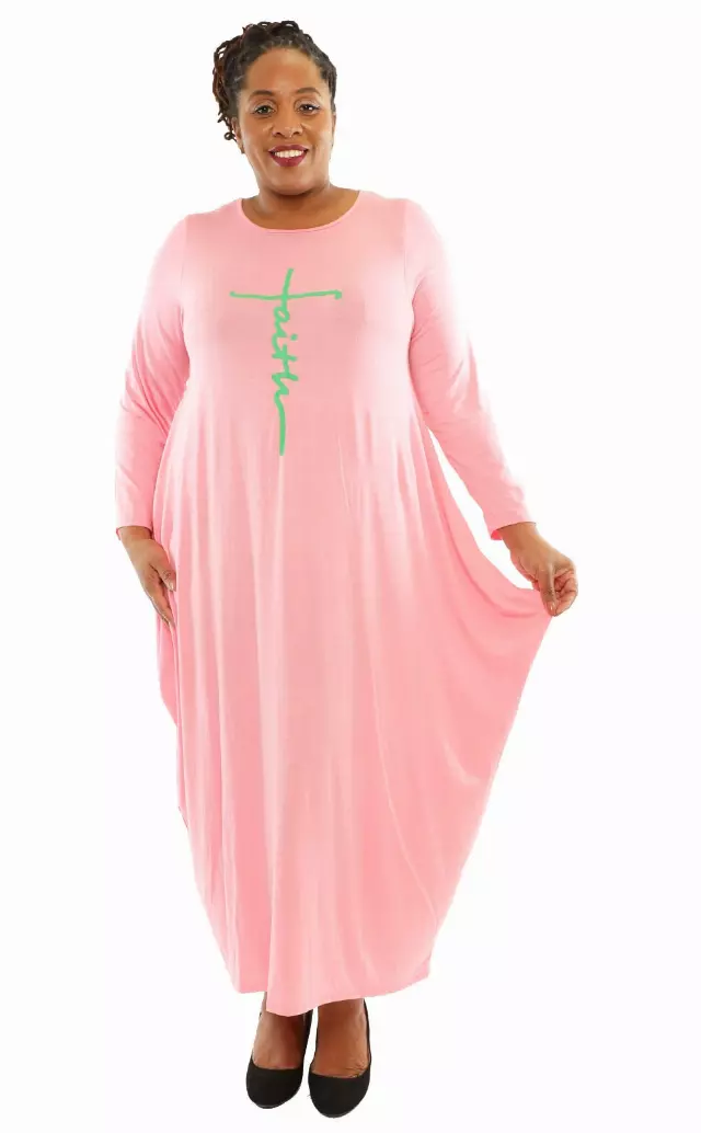 CHH-20022- Full Sleeve Women's Maxi Balloon Dress With Faith Cross - One Size (6-PCS PRE-PACK- 6 Assorted Colors) ($20.00 Each) — 6-Pcs PRE-PACK / AKA - 3 pcs pink and 3 pc green