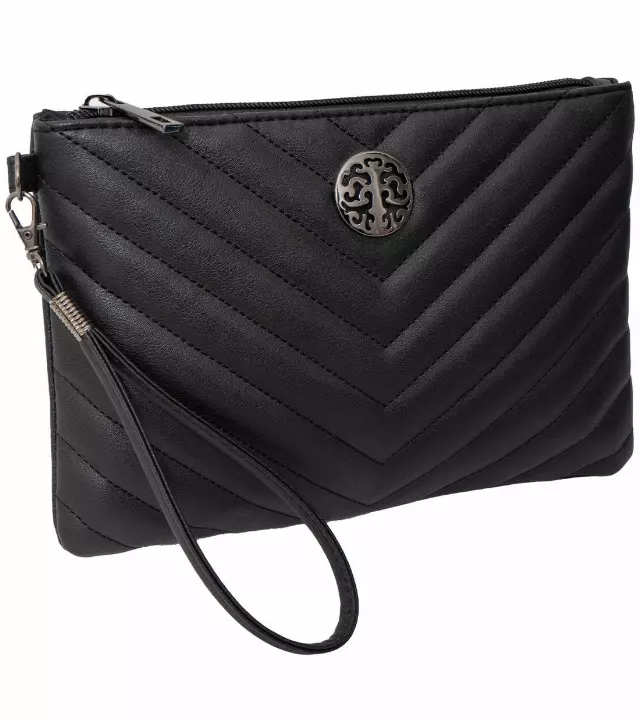 Rebecca & Rifka Smooth Chevron Quilted Medallion Zip Wristlet — BK/BK