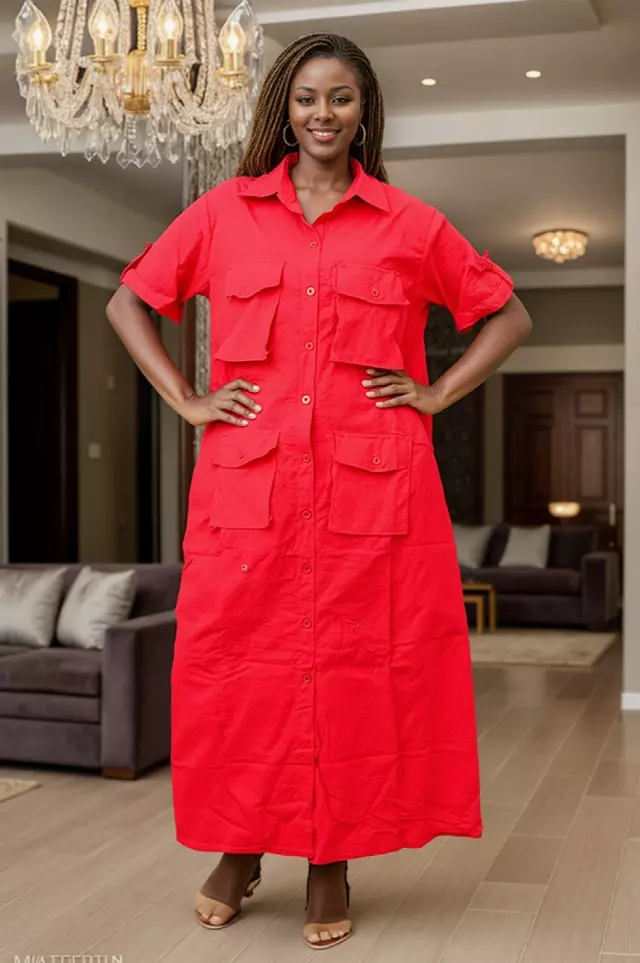 7897 - Ankle Length Button Down 4-Pockets Maxi Dress - $25.00 Each (3 pcs per pack) — Free Size / Print-1303B