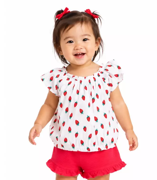 GIRLS PINK Strawberry Print Peasant Top and Short with Ruffle - 2852201