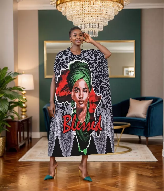 PNA-1615 - Women's Comfy Kaftan Dress with Headwrap- One Size (6-PCS PRE-PACK) - $7 Each — One Size (4-24) / Print-1615B