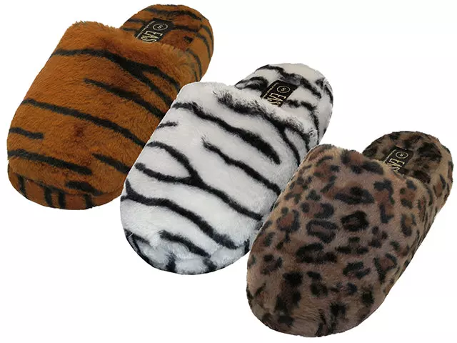 S831L - Women's "Easy USA" Fuzzy Plush Close Toe House Slippers — Assorted - Tiger Zebra & Leopard (S831L-T)