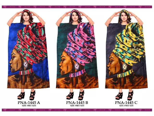 PNA-1445 Women's Digital Print Long Comfortable Kaftan Dress with HeadWrap- One Size (6-PCS PRE-PACK) - $7 Each — One Size (4-24) / Print-1445C