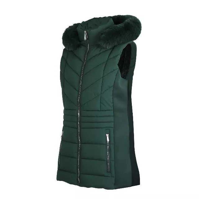 Women’s Solid Berber Lined Puffer Vest with Detachable Faux Fur Hood and Expandable Sides - Style #HDLV01X - $15.00/Unit 12 PC — S-XL (WHOLESALE) / Dark Teal