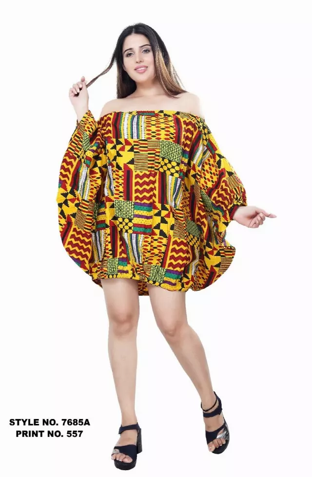 7685 A - 100% COTTON ANKARA PRINT BALLOON WRANGLE SLV DRESS (3 PCS PRE-PACK) - $18.00 EACH — One Size (4-24) / Print-557