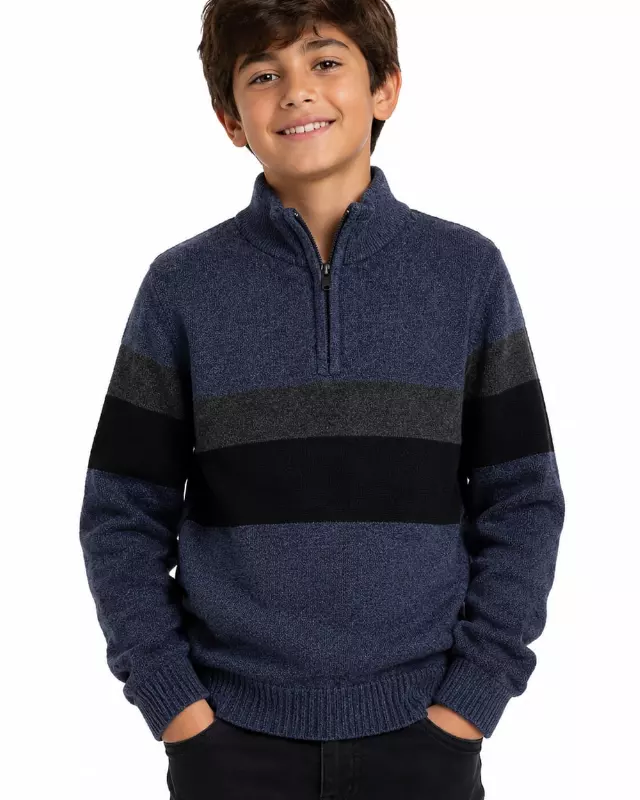 Little Boys' Striped Quarter Zip Sweater W26-4 — 4-5-6-7 / W13 Navy