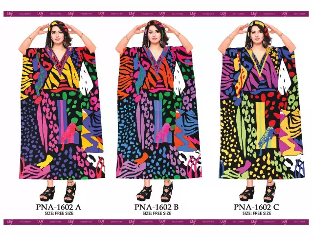 PNA-1602 Women's Colorful Print Long Comfortable Kaftan Dress with Headwrap- One Size (6-PCS PRE-PACK) - $7 Each — One Size (4-24) / Print-1602A