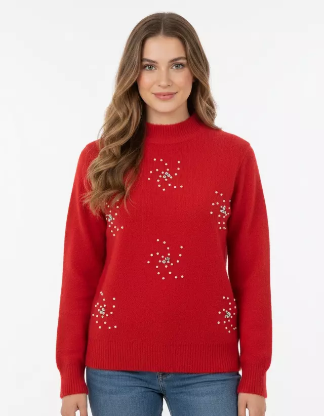 Mock Neck Pearl Sweater #5 — Red / S/M-L/XL