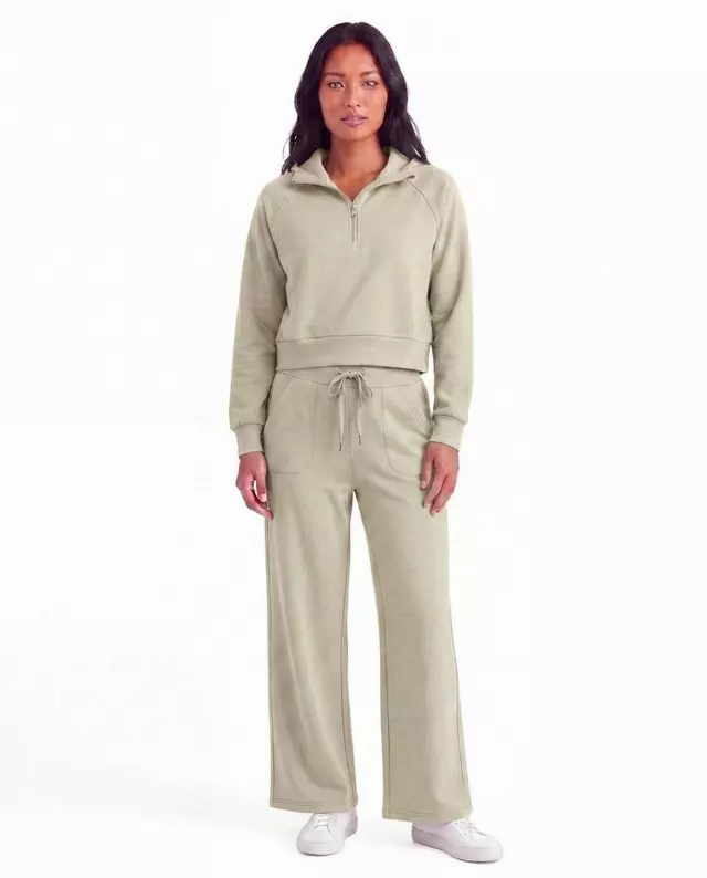 Women’s Soft Touch Half-Zip Hoodie & Wide-Leg Pants Set #23 — Beige / S-M-L-XL