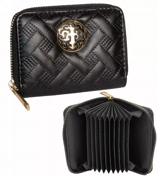 Rebecca & Rifka Smooth Basket Weave Quilt Medallion Zip Accordion Wallet — BK/GD