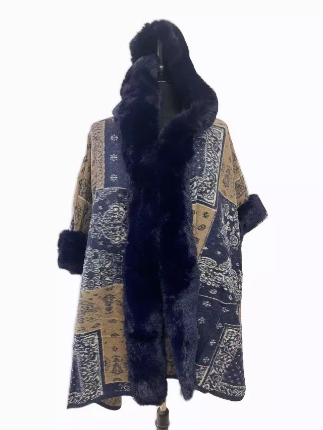 TX515 Faux Fur Cape with Hoodie — Navy