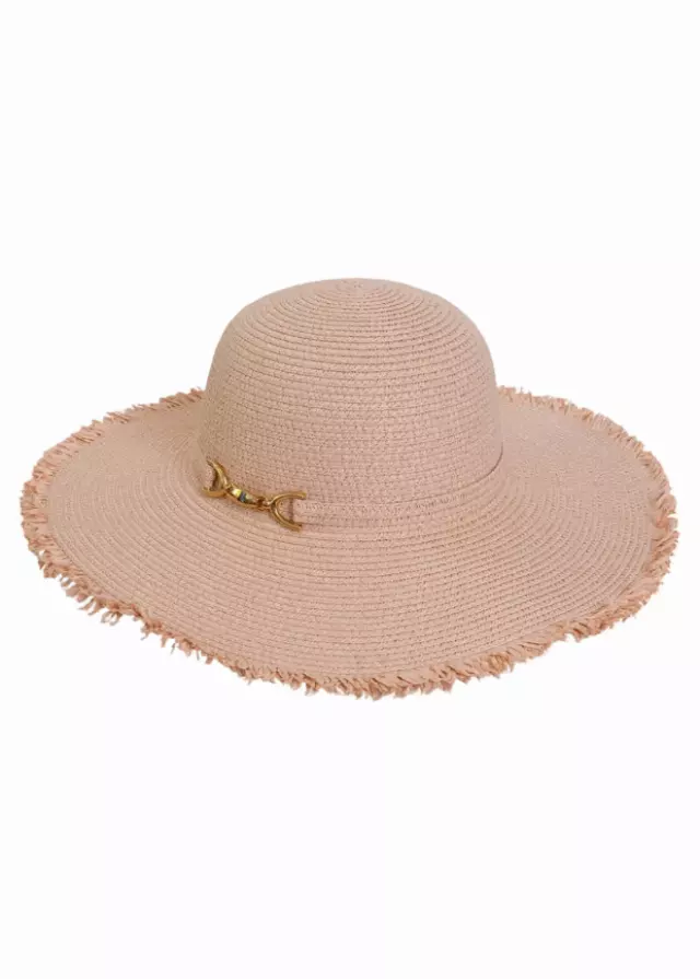 Magid Gold Metal Accent Frayed Brim Straw Floppy Hat — BLUSH