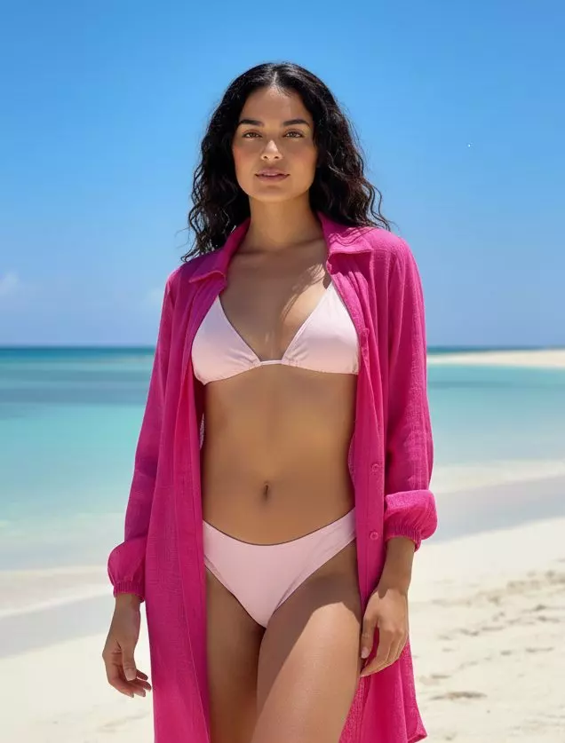 BC2201 Women Long Sleeve Beach Shirt Blouses Cover Up — Pink