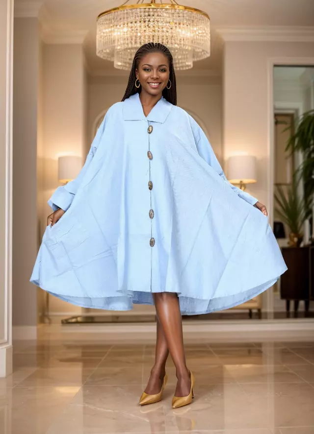 243L - NEW COLORS ADDED Big Button Down Solid Colors Authentic African Tunic Dress (3 PCS PRE-PACK) - $25.00 EACH — One Size (4 - 24) / Sky Blue