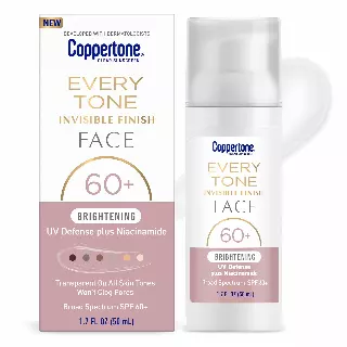 Coppertone Every Tone Invisible Finish Brightening UV Defense Face Sunscreen SPF 60+ with Niacinamide, Lightweight, Blends in Clear Sunscreen for All Skin Tones, 1.7 Fl Oz Pump Bottle