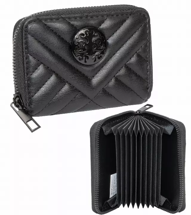 Rebecca & Rifka Smooth Abstract Chevron Tubular Quilt Medallion Zip Accordion Wallet — BK/BK