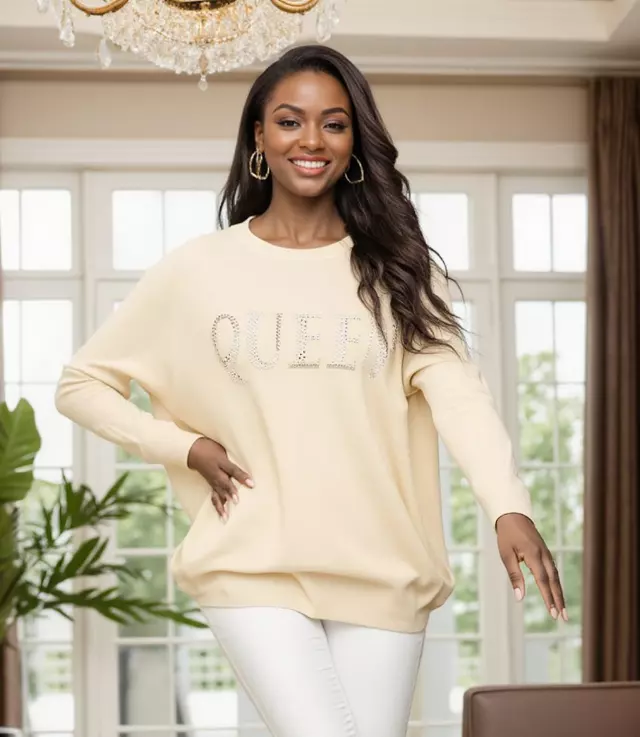 25017 - Women's Embellished "QUEEN" Round-Neck Sweater (3-PCS PRE-PACK) ($18.00 Each) — Cream / One Size Fits Most
