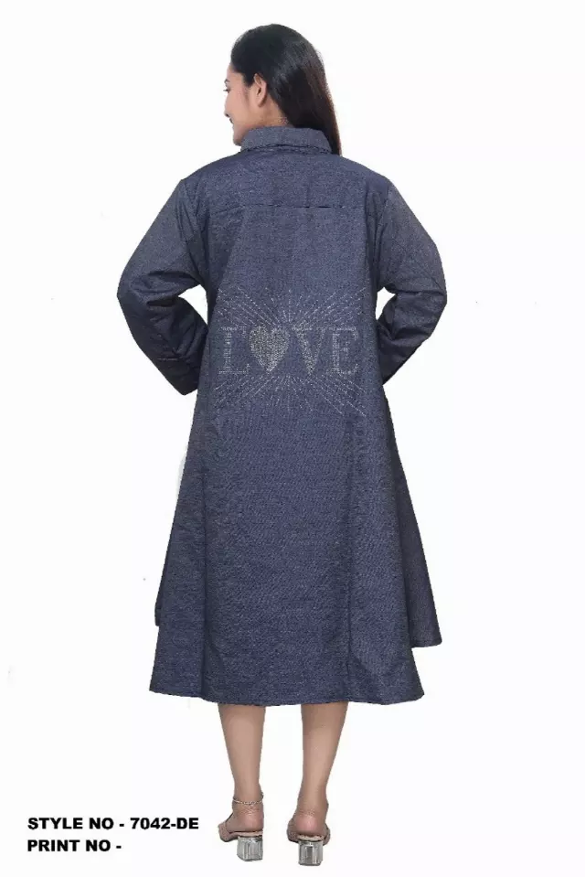 7042 - Button Down Rhinestones Shirt Dress in High Low Style (3 PCS PRE-PACK) - $25.00 Each — One Size (4 - 26)) / Denim-LOVE