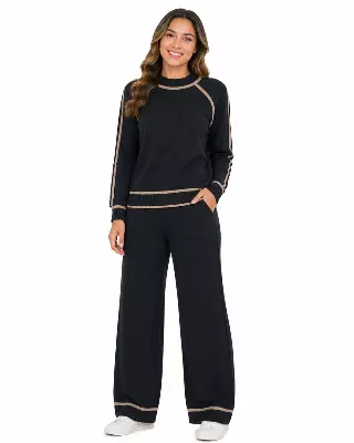 Knit Sweater & Wide-Leg Lounge Set #103 — Black/Beige / S/M-L/XL