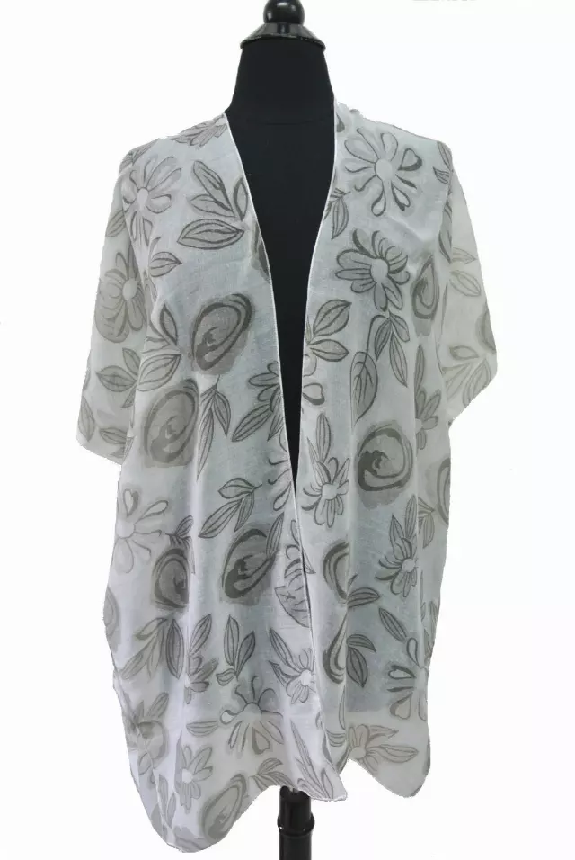 BF719 Floral Pattern Spring Kimono — Grey