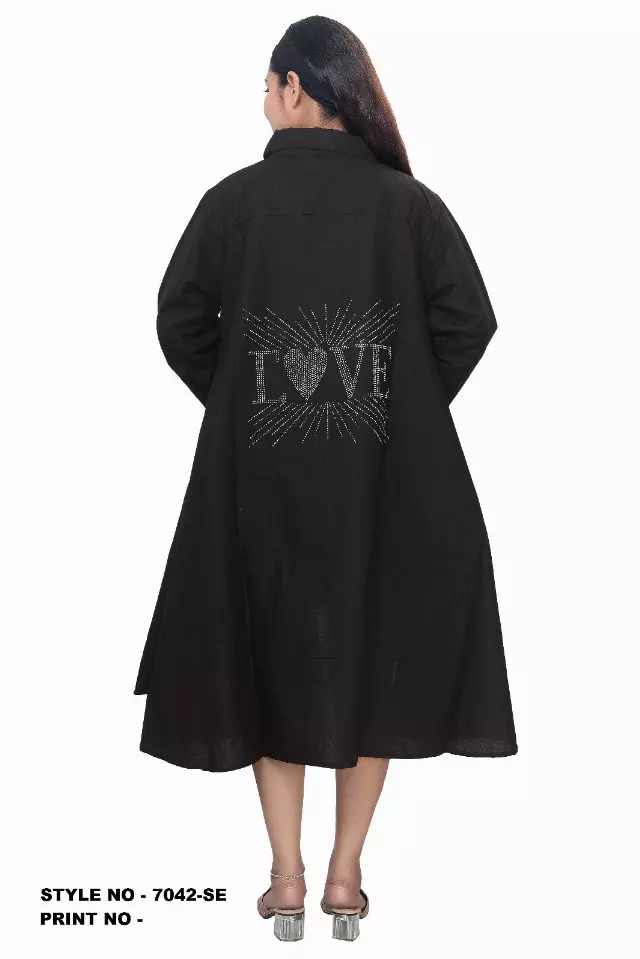 7042 - Button Down Rhinestones Shirt Dress in High Low Style (3 PCS PRE-PACK) - $25.00 Each — One Size (4 - 26)) / Black-LOVE