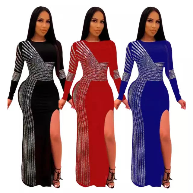 Chicaluv - Women’s Bodycon Formal Long Sleeve High Split Rhinestone Party Evening Dress