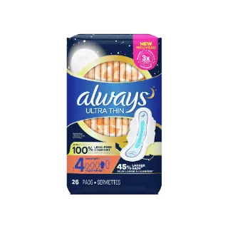 Always Ultra Thin Overnight Pads, Size 4, Unscented, 26 CT – Case Pack of 6
