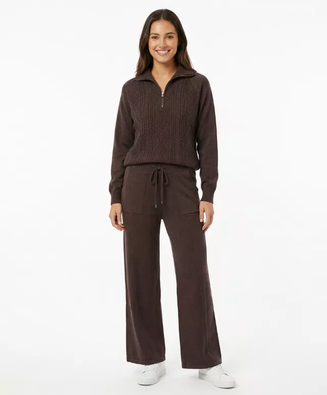 Cable-Knit Quarter-Zip Sweater & Wide-Leg Lounge Set #101 — Dark Brown / S/M-L/XL