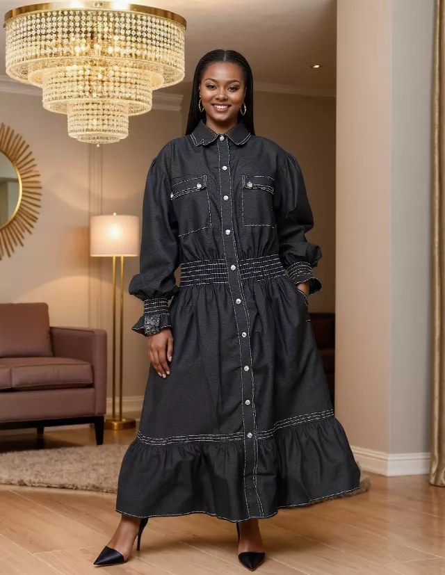 7920 D- Women's Ankle Length Button Down Pocketed Denim Dress - $25.00 Each (3 pcs per pack)