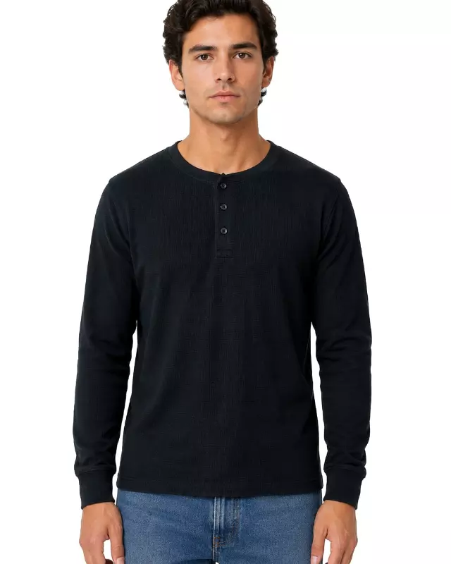 Men's Thermal Top Henley Neck #TH2 — Black / S-M-L-XL