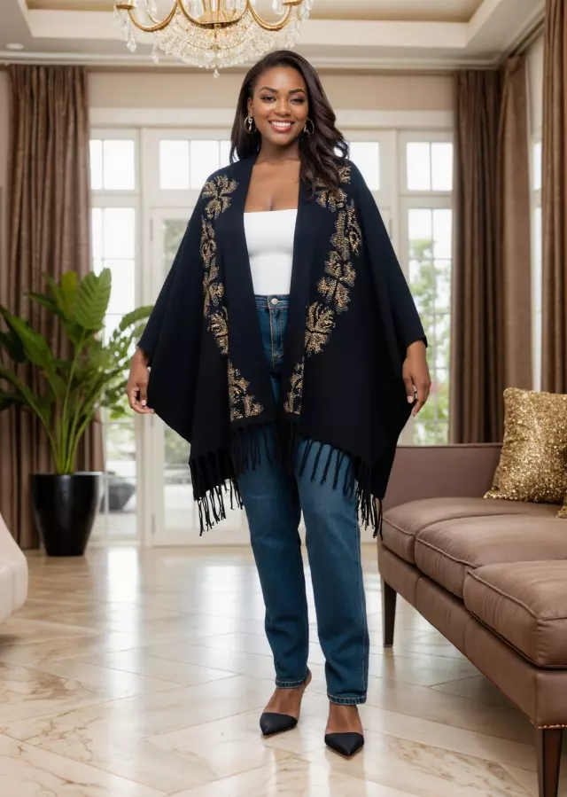 25022 - Women's Embellished Front Open Soft-Feel Fringed Poncho - $49.00 Each — Free Size / Black
