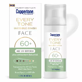 Coppertone Every Tone Invisible Finish Age UV Defense Face Sunscreen SPF 60+ with Bakuchiol, Lightweight, Blends in Clear Sunscreen for All Skin Tones, 1.7 Fl Oz Pump Bottle