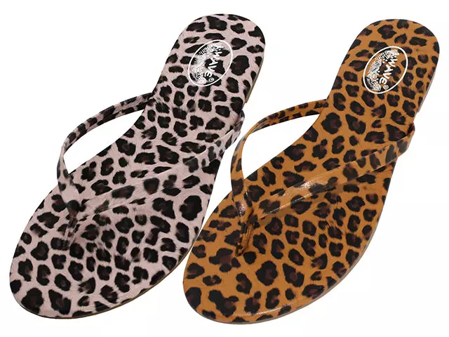 S7059L-A - Wholesale Women's " Wave " Leopard Printed Upper Thong Sandals — Assorted - Brown & Neutral (S7059L-A) / 6-11 Assorted