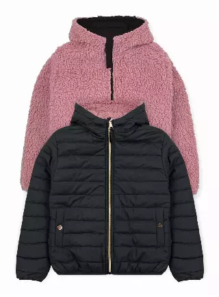 Girls' Reversible Jacket With Sherpa Lining #97 — Black / 7-8-10-12-14