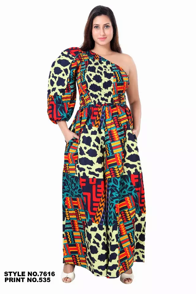 7616- African Wax Jumpsuit with One Sleeve (3 PCS PRE-PACK) - $25 Each — One Size (4 - 26) / Print-535