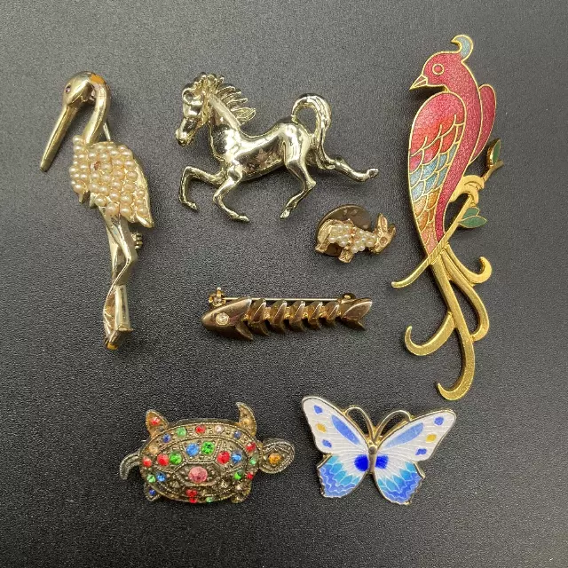 Vintage Animal Brooches Pins Jewelry Lot of 7 Enamel Rhinestone Faux Pearl