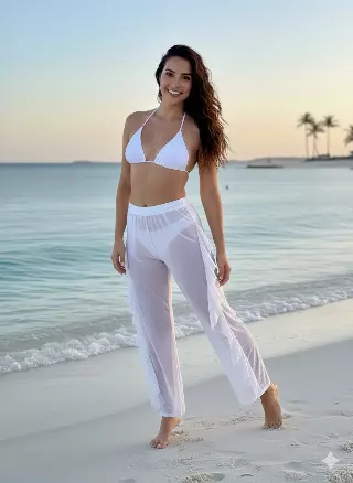 BC2223 Black Sheer Ruffle Mesh Beach Pants Cover-Up — White