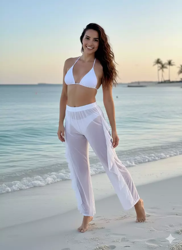 BC2223 Black Sheer Ruffle Mesh Beach Pants Cover-Up — White